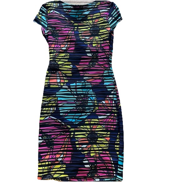 Joseph Ribkoff Women's Floral V-Neck Faux‎ Wrap Dress Short Sleeve Size 8 Medium - Picture 3 of 5